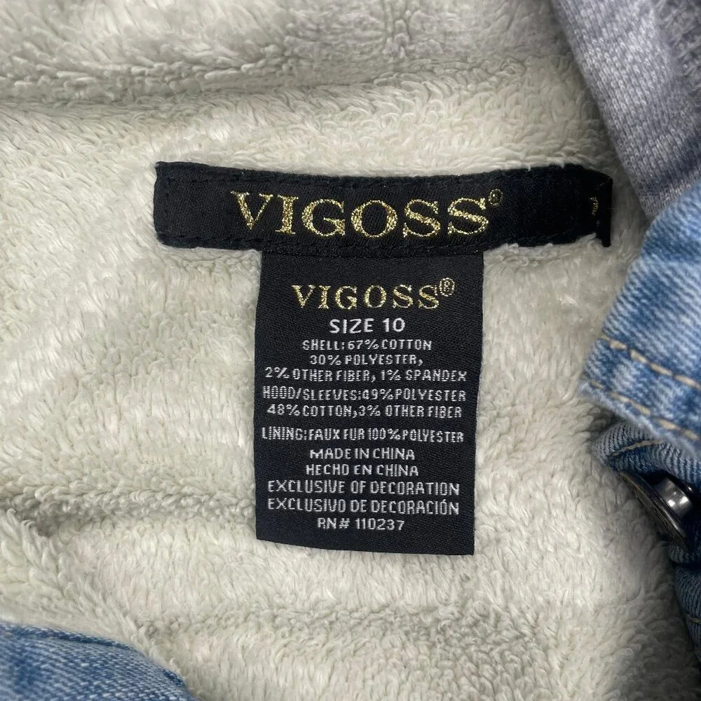 Vigoss Girls Hooded Denim Jacket Size 10 Patches Sherpa Lined Mixed Media
